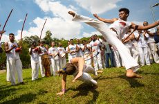 São Paulo, Brazil, 03 April 2016. Group of Brazilian capoeiristas performing at the Ibirapuera Park in São Paulo, Brazil.